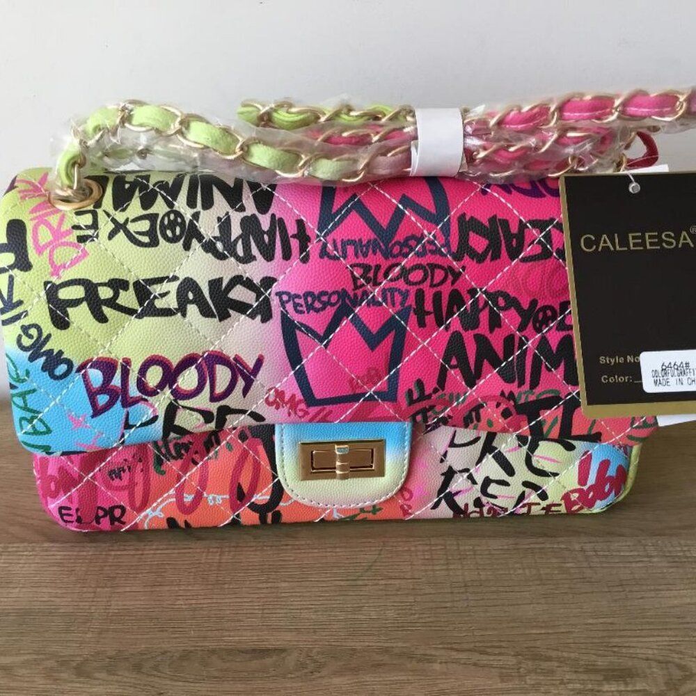 Caleesa Los Angeles Crossbody Bag with Vibrant Graffiti Quilt Print Chain Strap